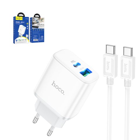 Мережевий зарядний пристрій Hoco C105A, 20 Вт, Power Delivery PD , білий, з кабелем USB тип C до USB тип C, 2 порта, #6931474782922