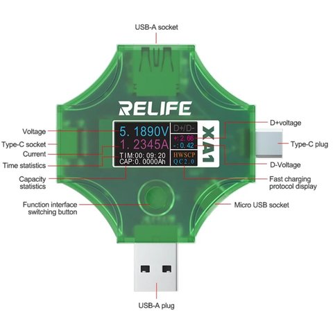 USB тестер RELIFE XA1 , USB тип C, USB тип A