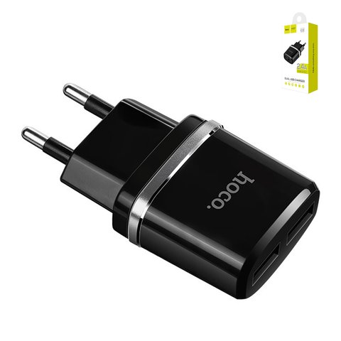 Mains Charger Hoco C12, 12 W, black, without cable, 2 outputs  #6957531063094