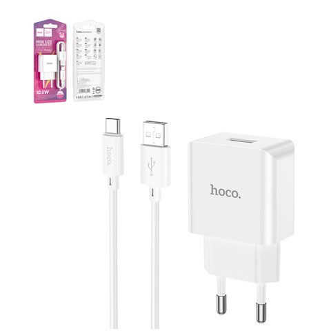 Сетевое зарядное устройство Hoco C106A, белый, с USB кабелем тип C, 1 порт, #6931474783912