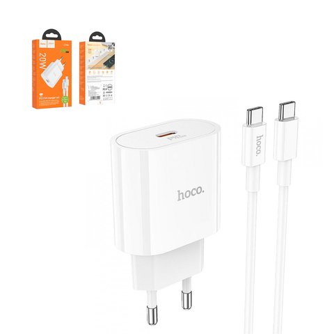 Adaptador de red Hoco C94A, 20 W, Power Delivery PD , Fast Charge, blanco, con cable USB tipo C USB tipo C, 1 puerto, #6931474762191