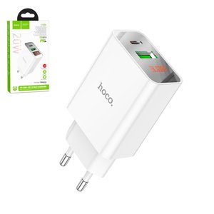Adaptador de red Hoco C100A, 20 W, Quick Charge, Power Delivery PD , blanco, con LCD, 2 puertos, #6931474769800