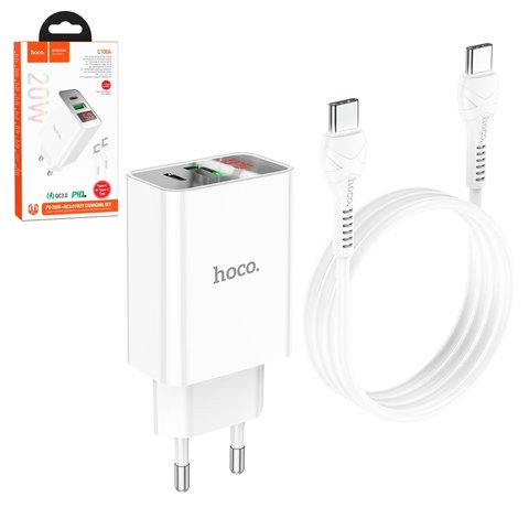 Сетевое зарядное устройство Hoco C100A, 20 Вт, Power Delivery PD , белый, с дисплеем, c кабелем USB тип C к USB тип C, 2 порта, #6931474769824