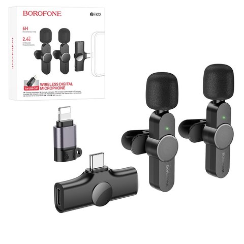 Микрофон петличный Borofone BKF12, беспроводной, с клипсой, USB тип C, Lightning