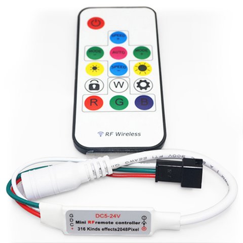 Controlador LED con control remoto por radio RF  SP103E RGB, WS2801, WS2811, WS2812, WS2813 5 V 