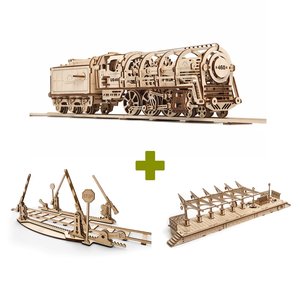 Rompecabezas mecánico 3D UGEARS juego 3 en 1: Locomotora + Rieles + Andén Rompecabezas mecánico 3D UGEARS juego 3 en 1: Locomotora + Rieles + Andén